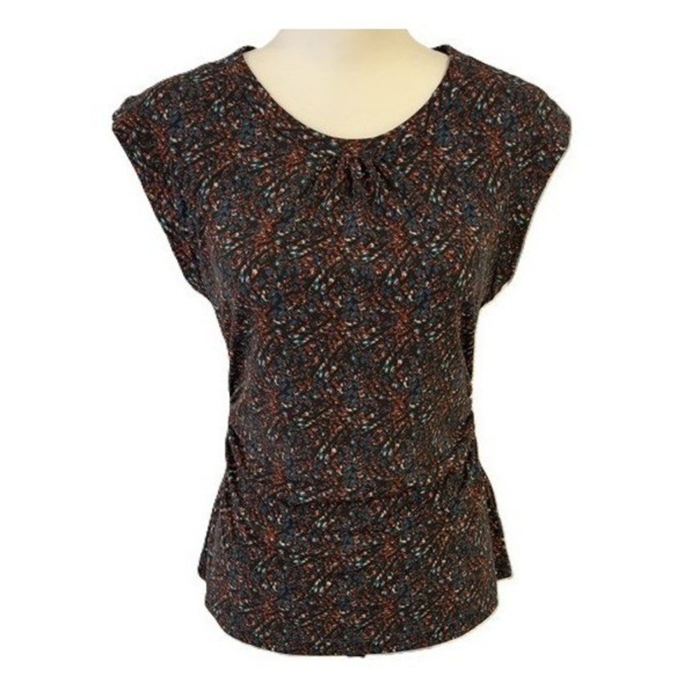 Tahari Cap Sleeve Blouse Navy Rust Abstract Ruched Top Womens Small Excellent